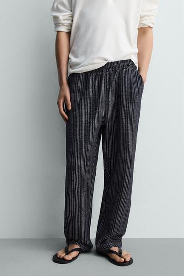 Zara 對比色泡泡紗休閒長褲 - 海藍色 / 白色