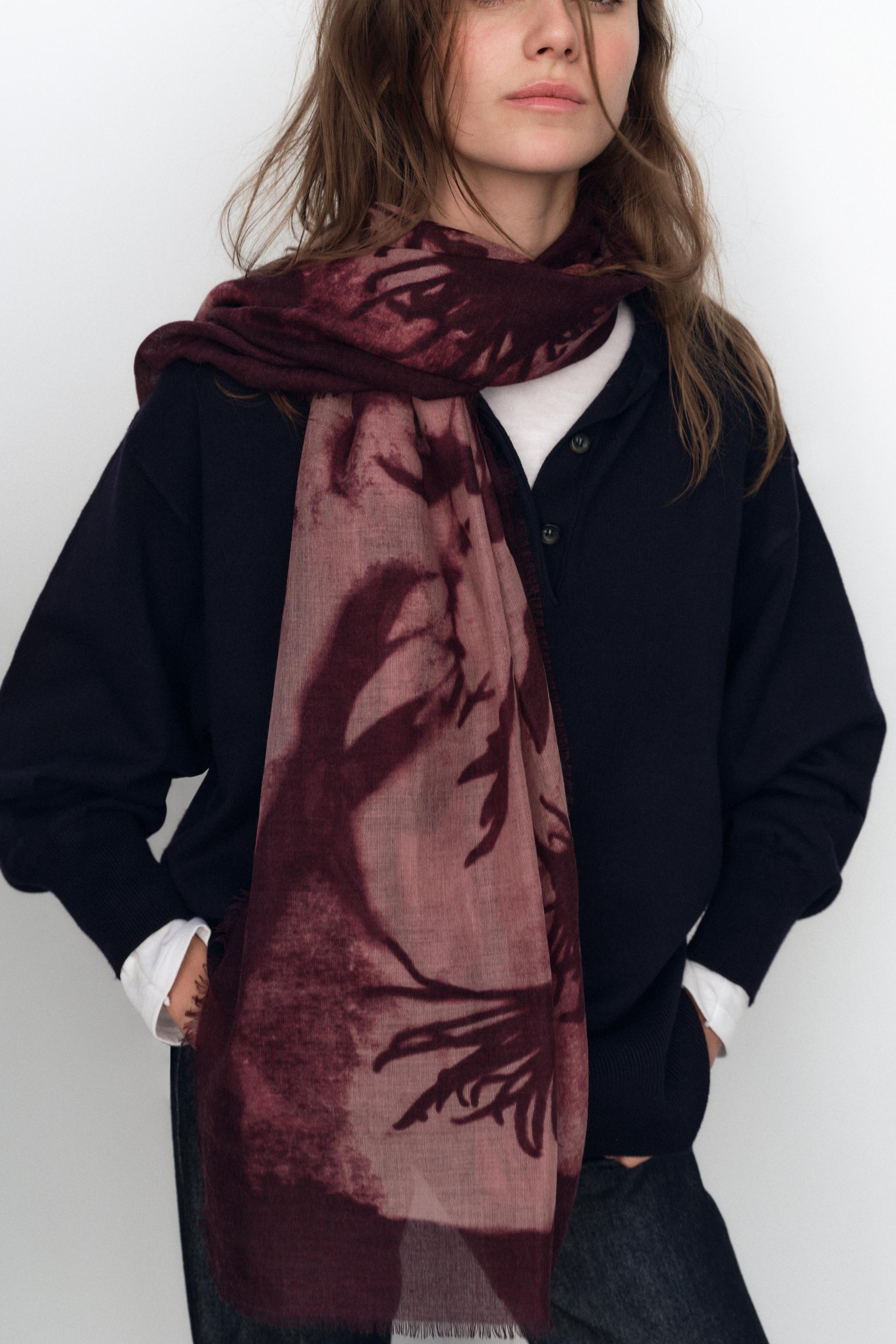 スペイン発送 ZARA フラワープリントスカーフ バーガンディ 新作 フラワー柄プリントスカーフ - バーガンディ | ZARA Japan / 日本