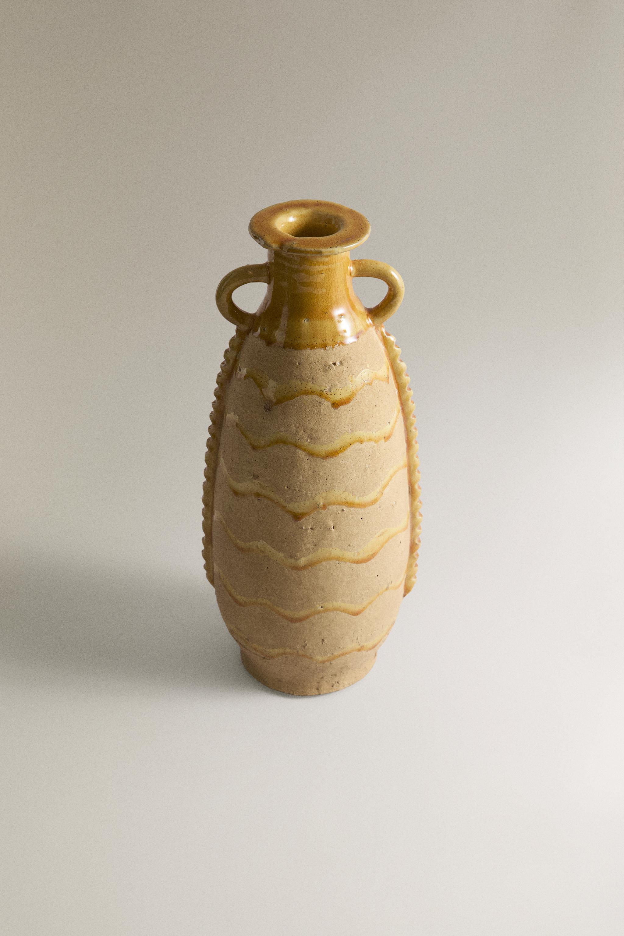 DECORATIVE TERRACOTTA VASE WITH HANDLES — Yellow