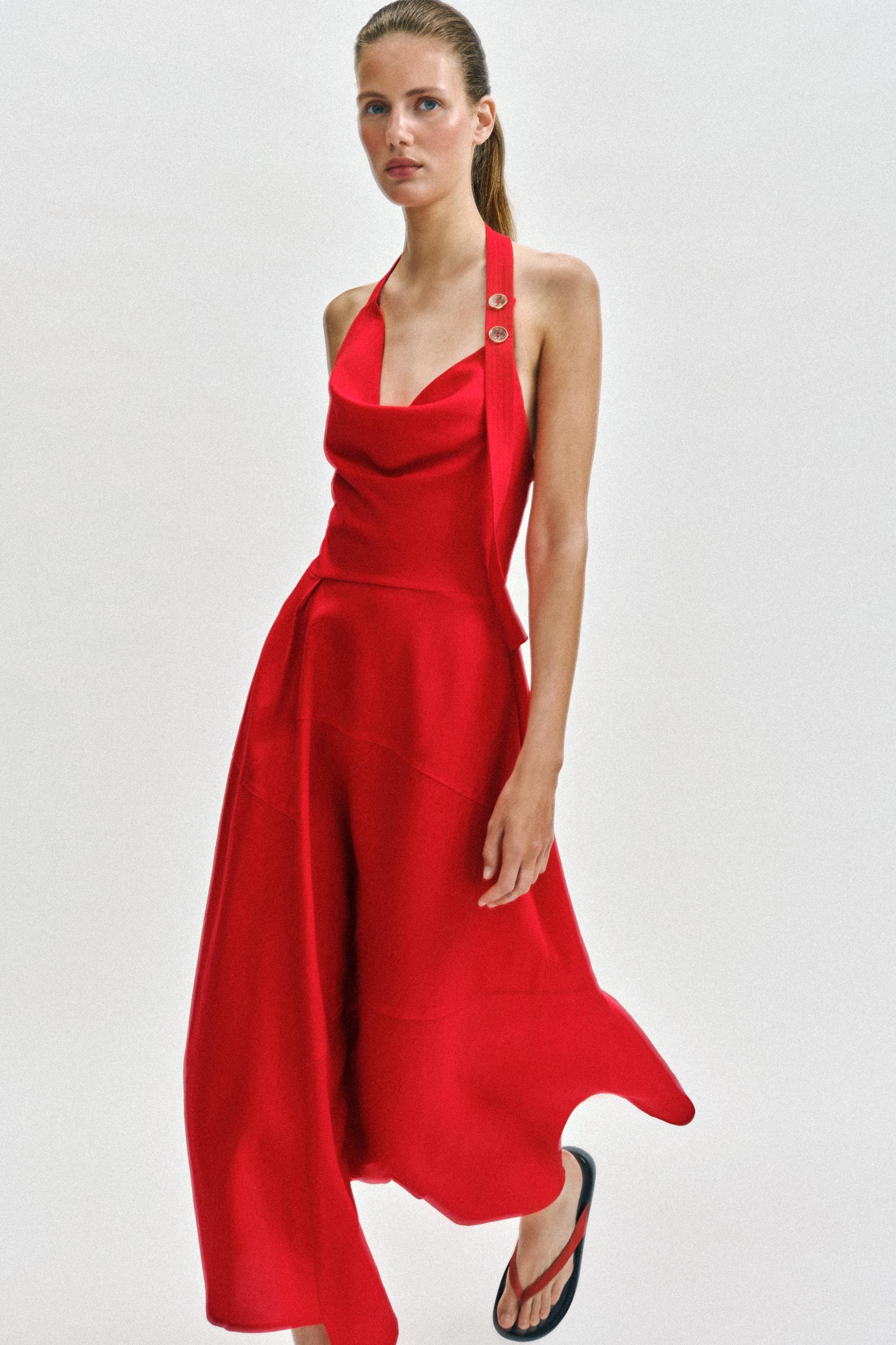 LINEN BLEND HALTER MIDI DRESS - Red | ZARA United States LINEN BLEND HALTER MIDI DRESS - Red | ZARA United States