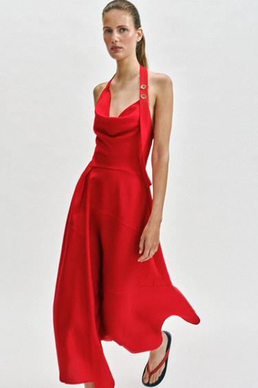 LINEN BLEND HALTER MIDI DRESS - Red by Zara