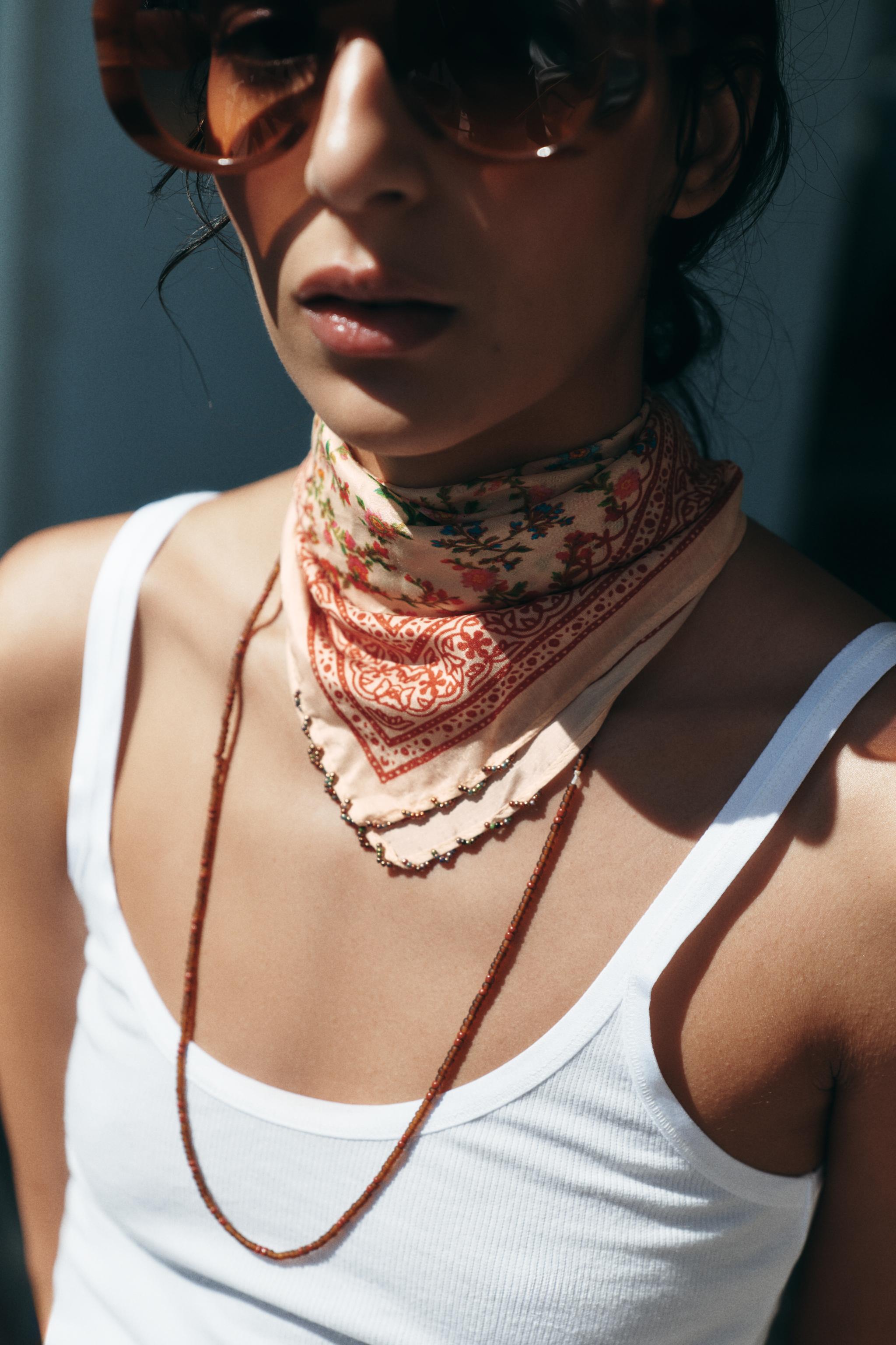 BEADED FLORAL PRINT SILK BANDANA