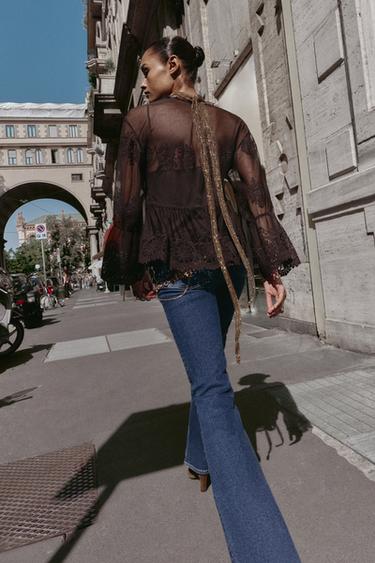 BLOUSE TULLE BRODÉ - Marron de Zara - Image 3