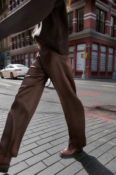 SATIN STRAIGHT-LEG TROUSERS - Brown by Zara - Image 5