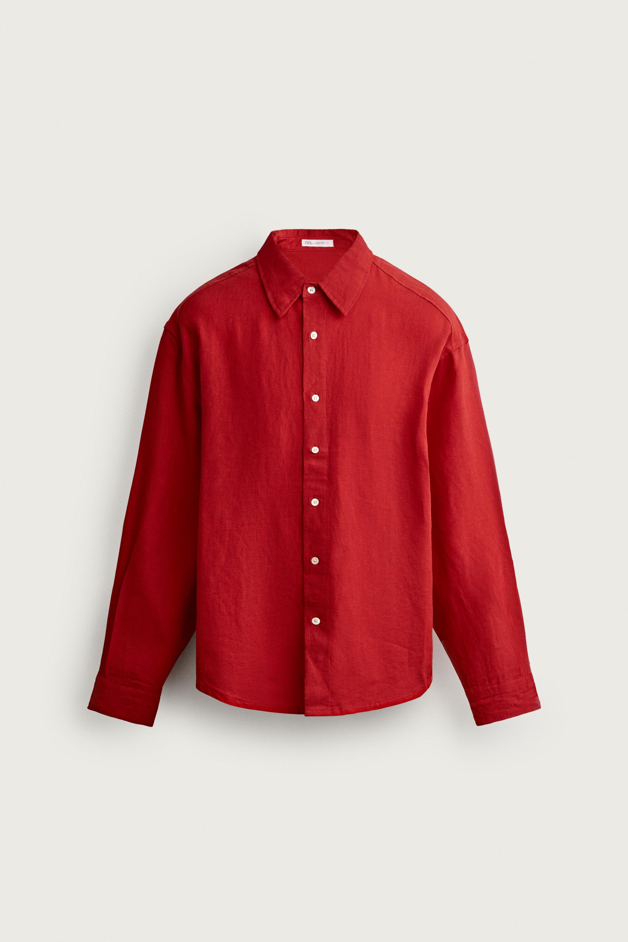 100% LINEN RELAXED FIT SHIRT — Red