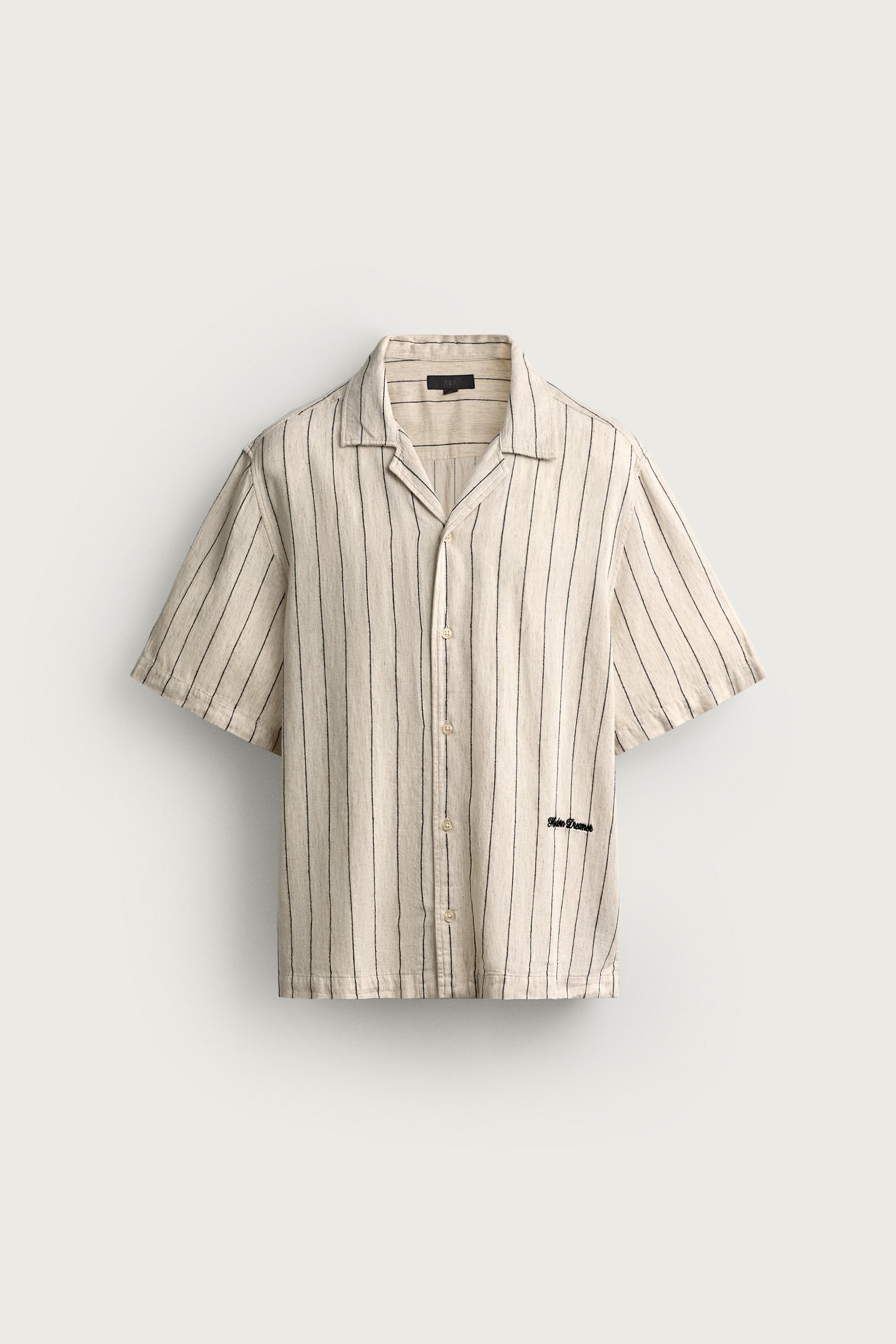 Мужские рубашки Zara RELAXED FIT EMBROIDERED STRIPE SHIRT — фото 7