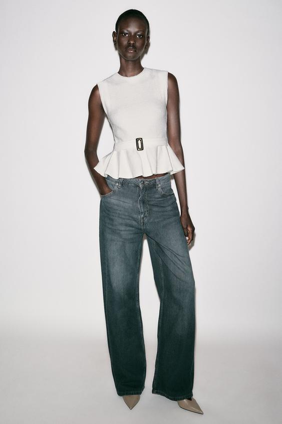 BOUCLÉ BUCKLE PEPLUM TOP