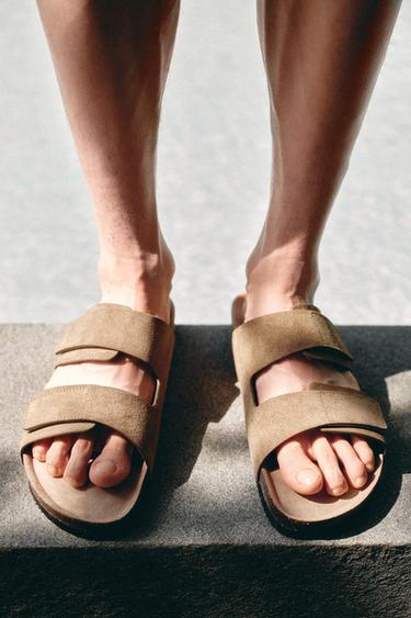 DOUBLE STRAP LEATHER SANDALS - Beige by Zara