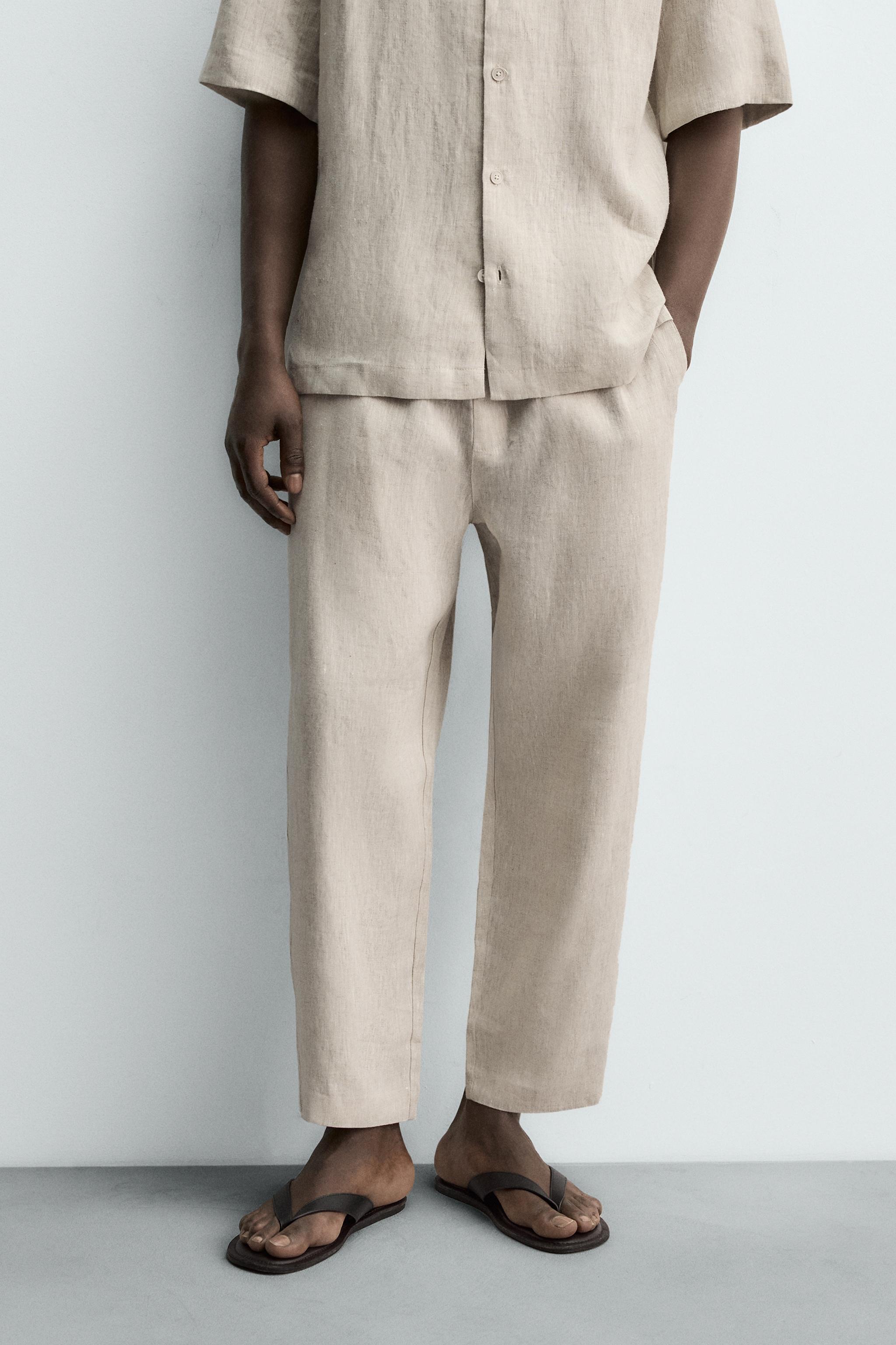 RELAXED FIT 100% LINEN PANTS — Light beige