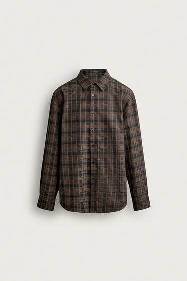 Zara RELAXED FIT JACQUARD PLAID OVERSHIRT - Brown