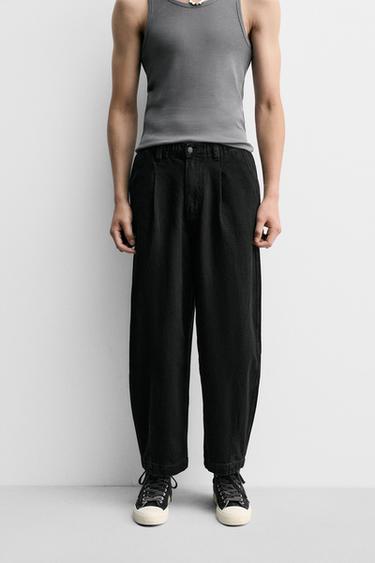 WIDE-LEG PLEATED DENIM CHINO TROUSERS - Black by Zara