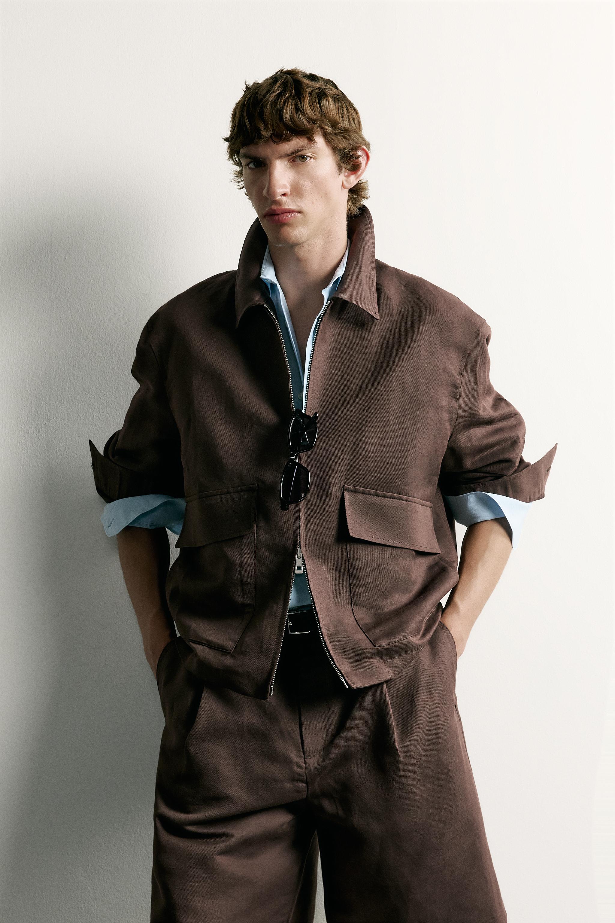 RELAXED-FIT LINEN-COTTON OVERSHIRT — Brown
