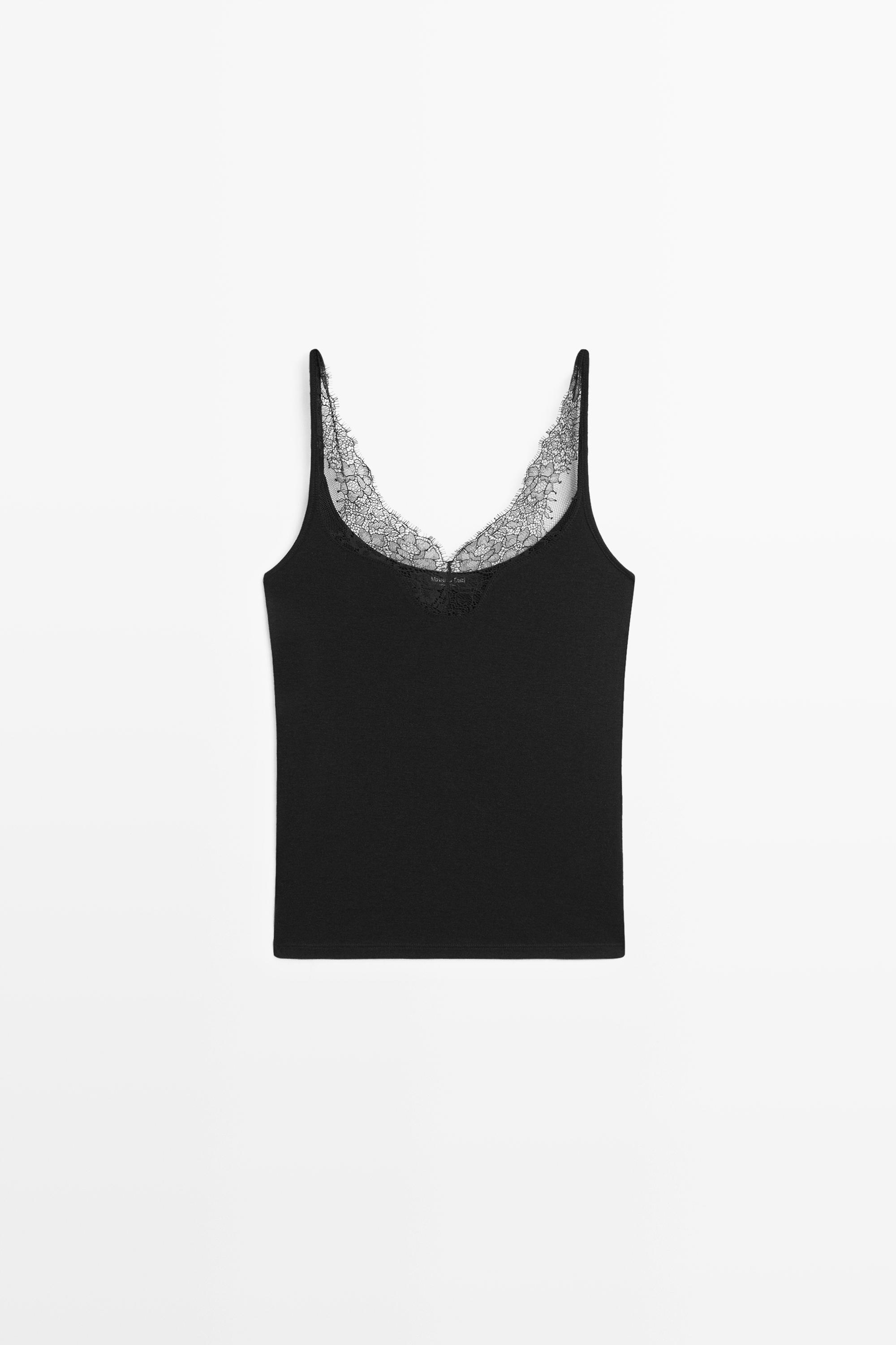 Strappy lace-trimmed camisole top — Black
