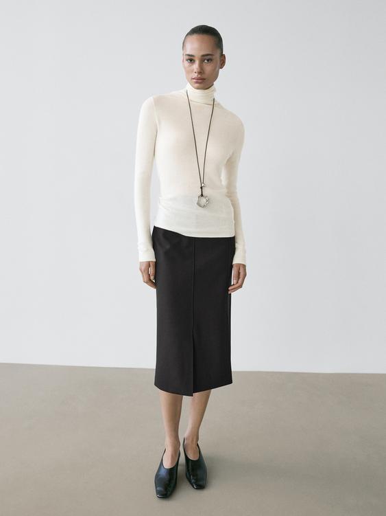 Straight fit wool blend midi skirt with slit