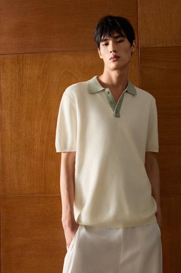 CONTRAST KNIT POLO SHIRT - Ecru / Green by Zara