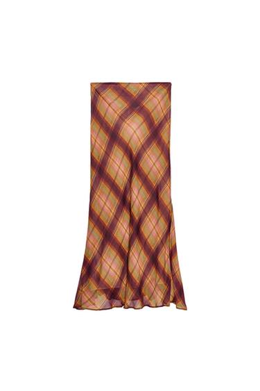 ZW COLLECTION CHECK LONG SKIRT - Burgundy by Zara