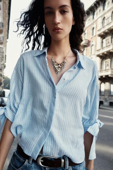 CAMISA RAYAS LAZOS CON LINO - Azul / Blanco de Zara
