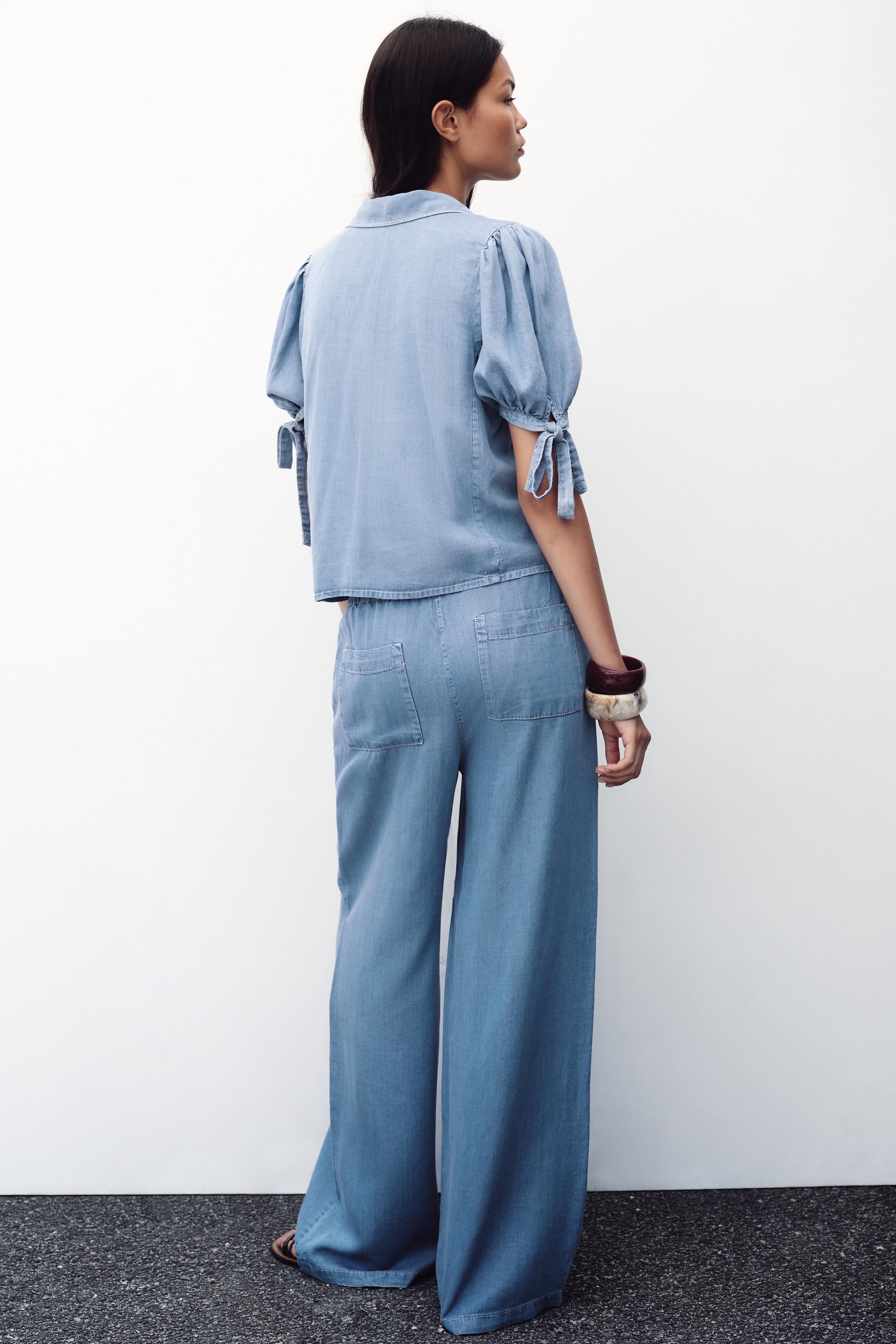 【Anyone more】Andy light blue damaged wide pants WRINKLE EFFECT WIDE LEG PANTS - Light blue | ZARA Canada