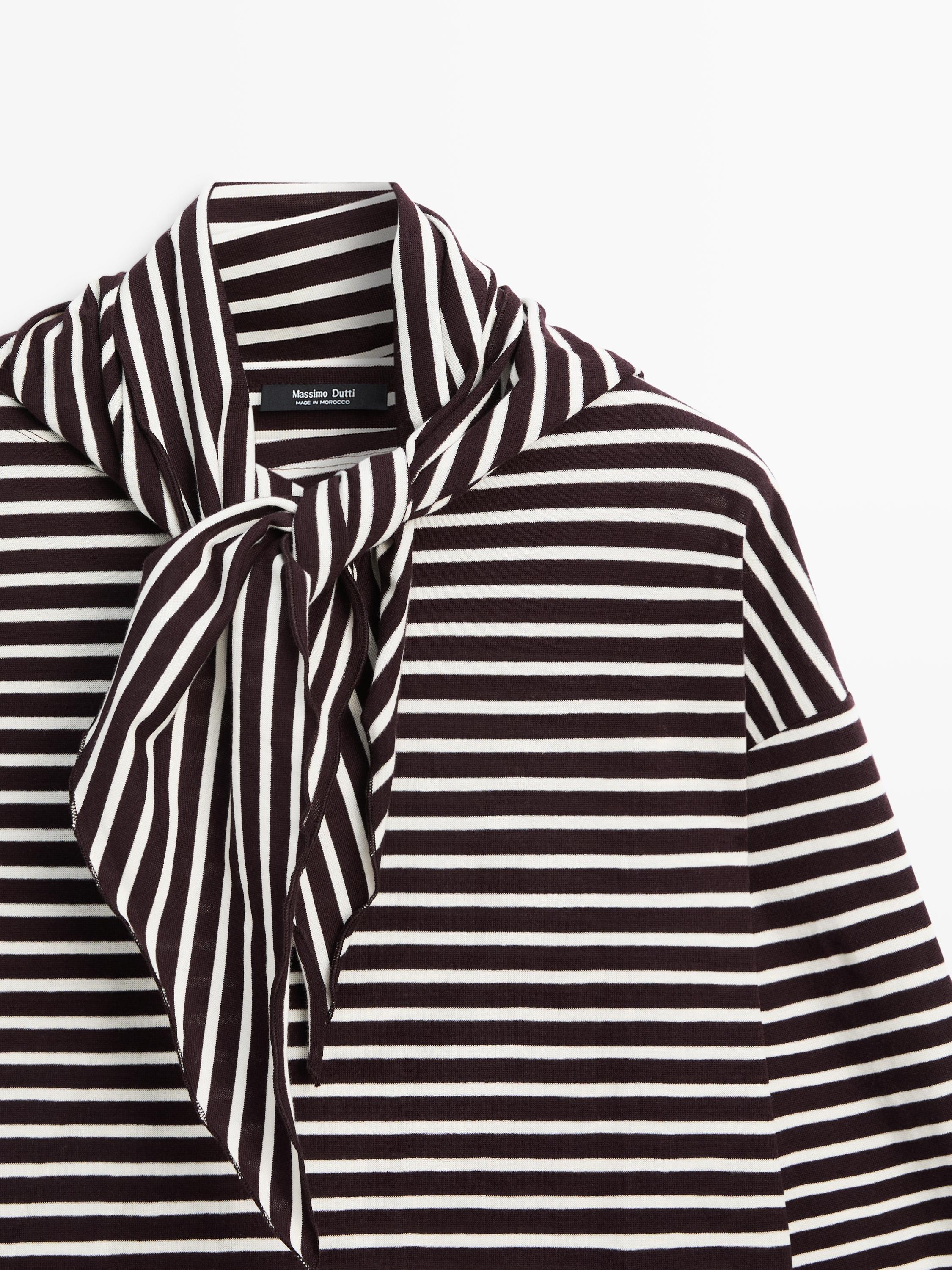 Cotton blend striped T-shirt with scarf detail