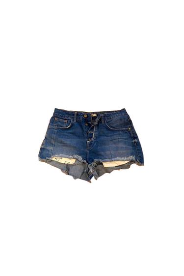 Distressed blue denim shorts with a frayed hem, buttons, and visible pocket lining on a white background.