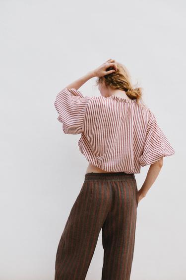 STRIPED TOP WITH TASSEL TIES - Ecru / Maroon by Zara - Image 4