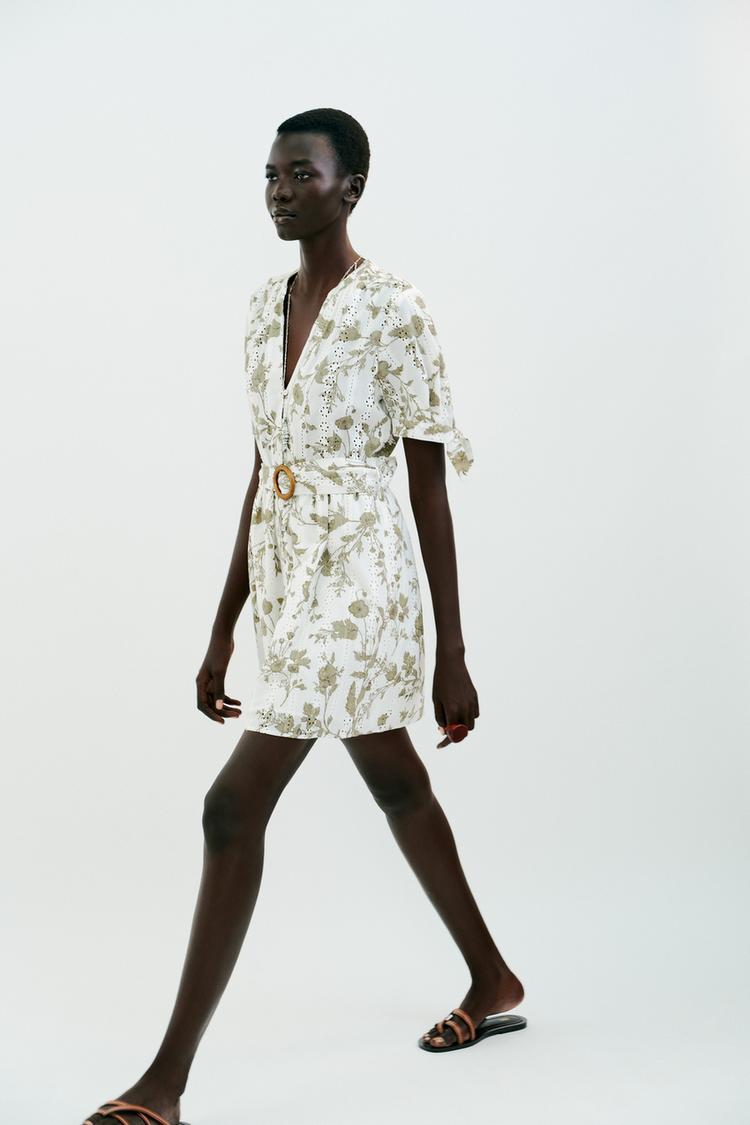 MINI-JURK MET PRINT EN OPENGEWERKTE BORDUURSELS ecru/kaki ZARA