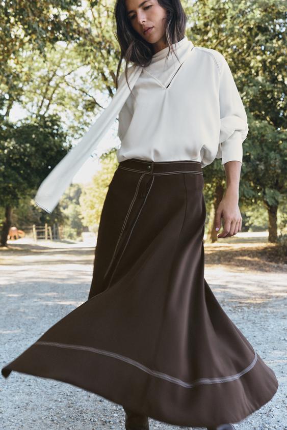 JUPE MI-LONGUE CAPE SURPIQÛRE CONTRASTE - Marron de Zara - Image 2