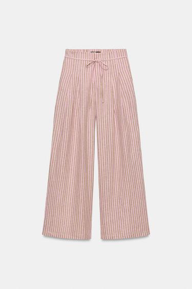 STRIPED DRAWSTRING LINEN BLEND TROUSERS - Pink by Zara - Image 4