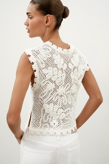 Zara CROCHET SLEEVELESS TOP - White