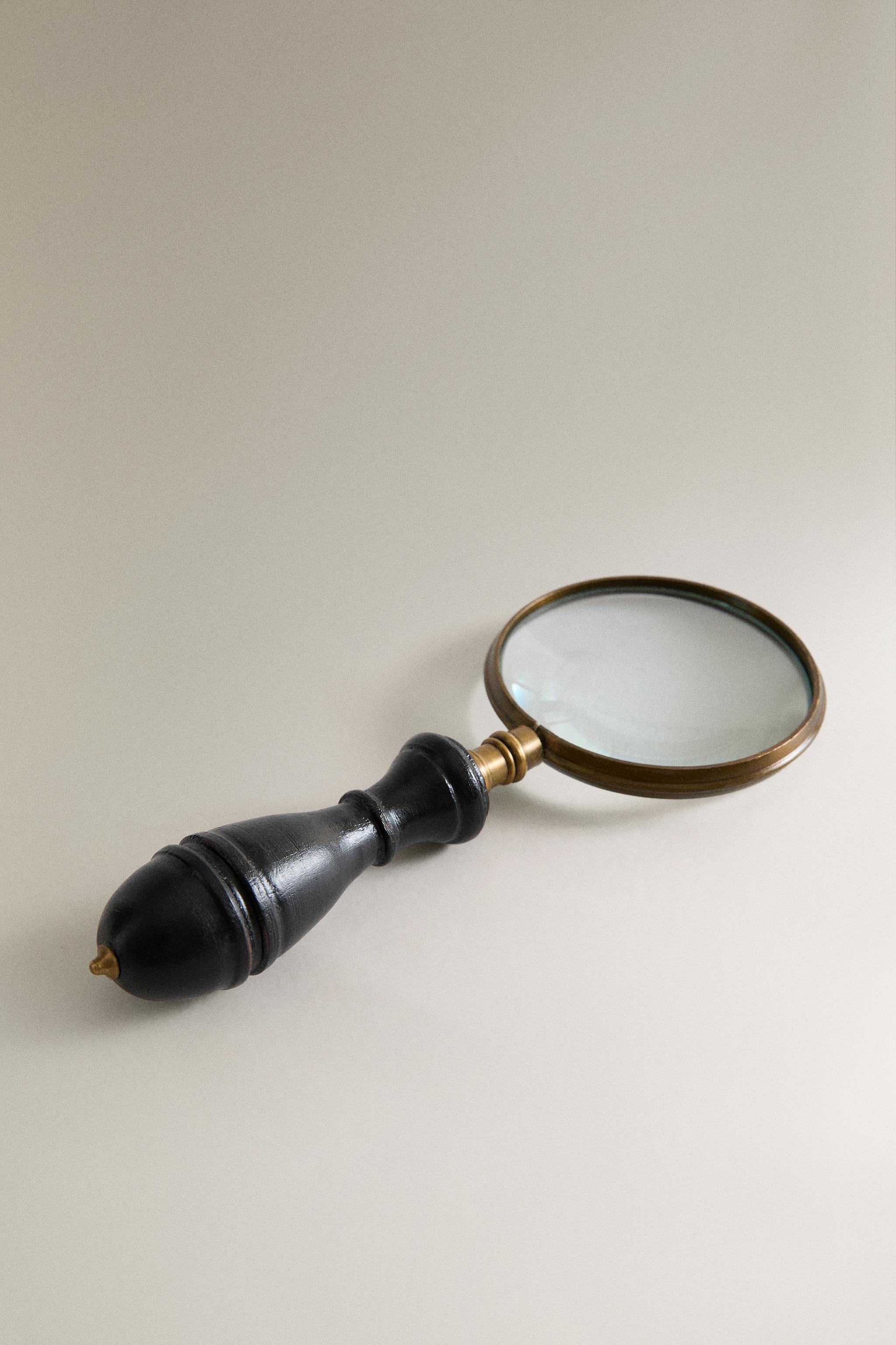 BRASS AND WOOD MAGNIFYING GLASS — Multicolored