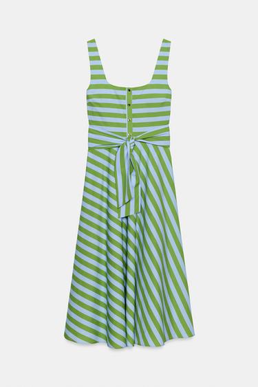 STRIPED MIDI DRESS WITH BELT - Green / Blue by Zara - Image 6