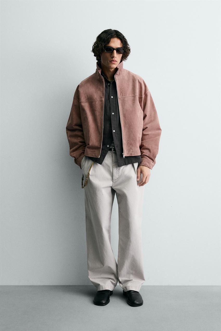 CROPPED FIT SUEDE LEATHER JACKET - Pastel pink | ZARA United States