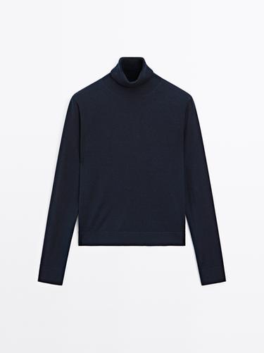 Pull laine en maille à col montant - Bleu marine de Zara