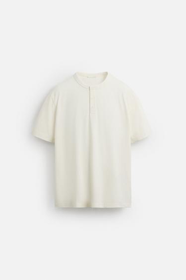 T-SHIRT MÉLANGE CHANVRE COL BOUTONS - Écru de Zara - Image 6