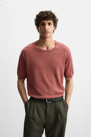 100% LINEN KNIT T-SHIRT - Mid-red by Zara