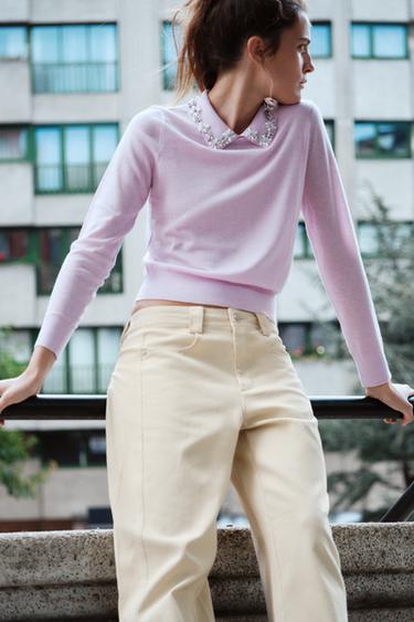 KNIT JUMPER WITH FAUX PEARL COLLAR - Light mauve by Zara - Image 0