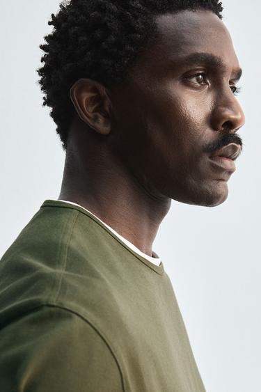 HEAVYWEIGHT RIBBED TRIM T-SHIRT - Mid-green by Zara