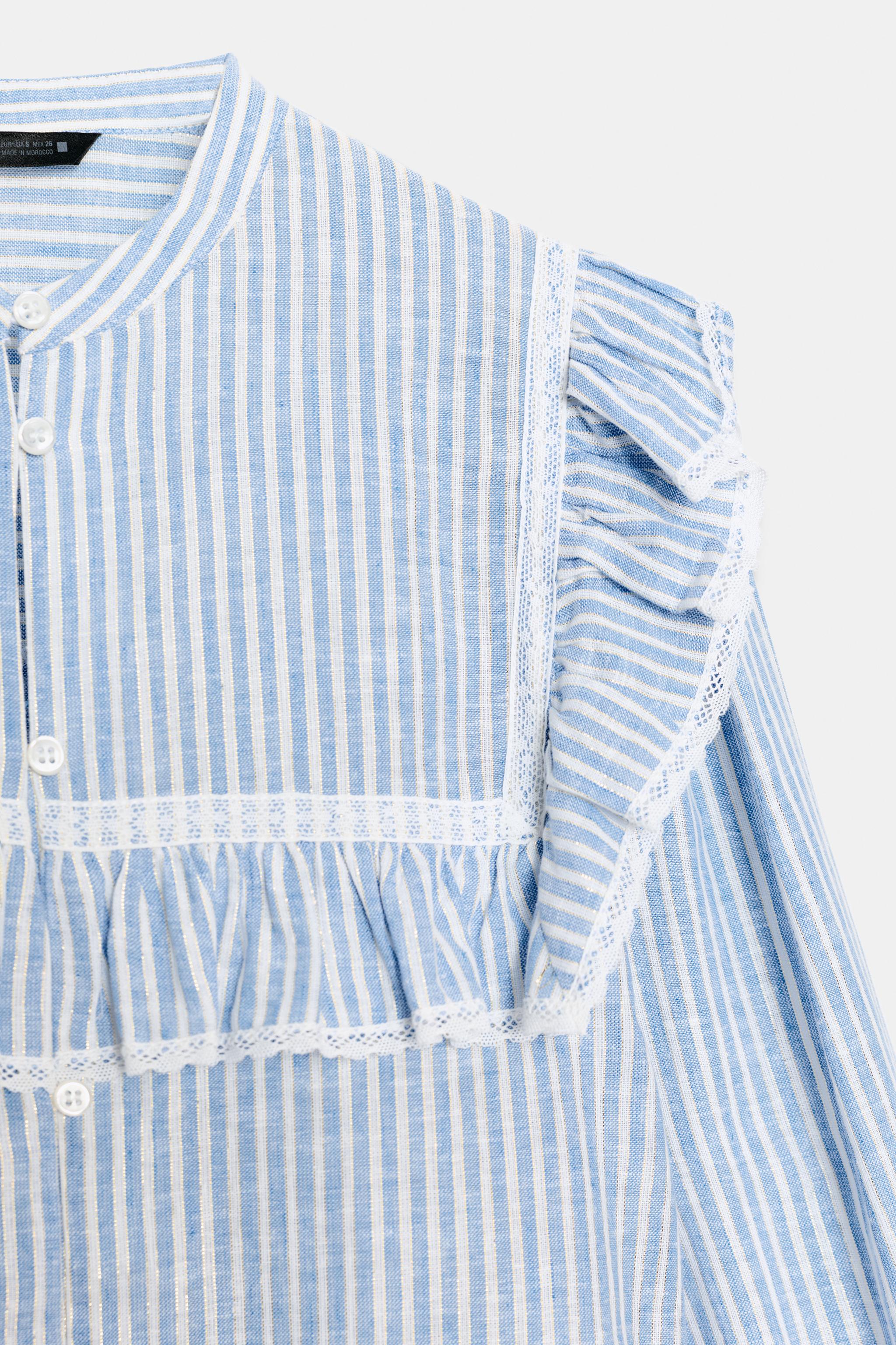 METALLIC THREAD RUFFLED STRIPED SHIRT