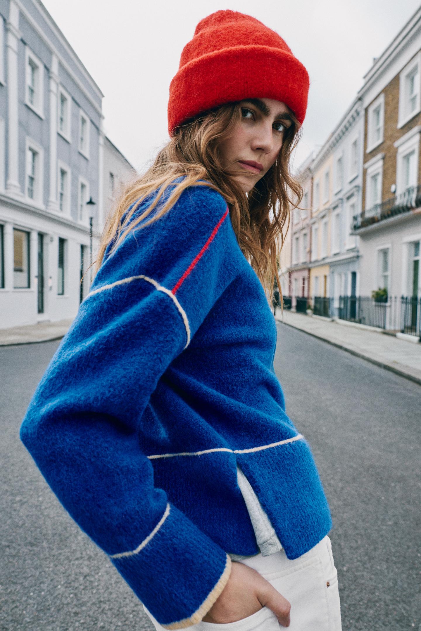 Женский свитер Zara Contrast Piping Knit, цвет: Голубоватый — фото 3