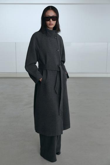 SOFT HIGH-NECK COAT WITH BELT - Grey by Zara