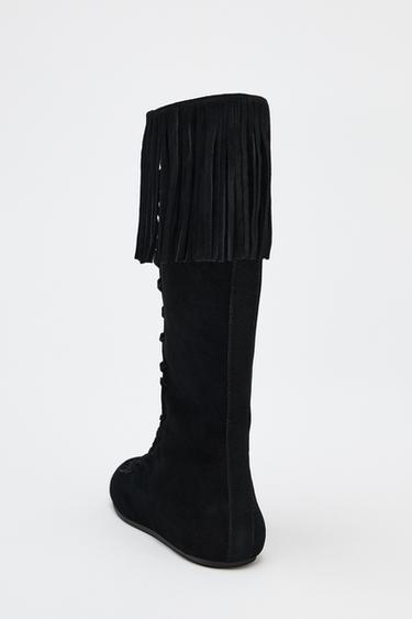 BOTTES À FRANGES ET LACETS EN CROÛTE DE CUIR - Noir de Zara - Image 5
