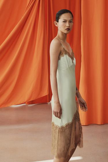 Zara ZW COLLECTION LACE SLIP DRESS - Sea green