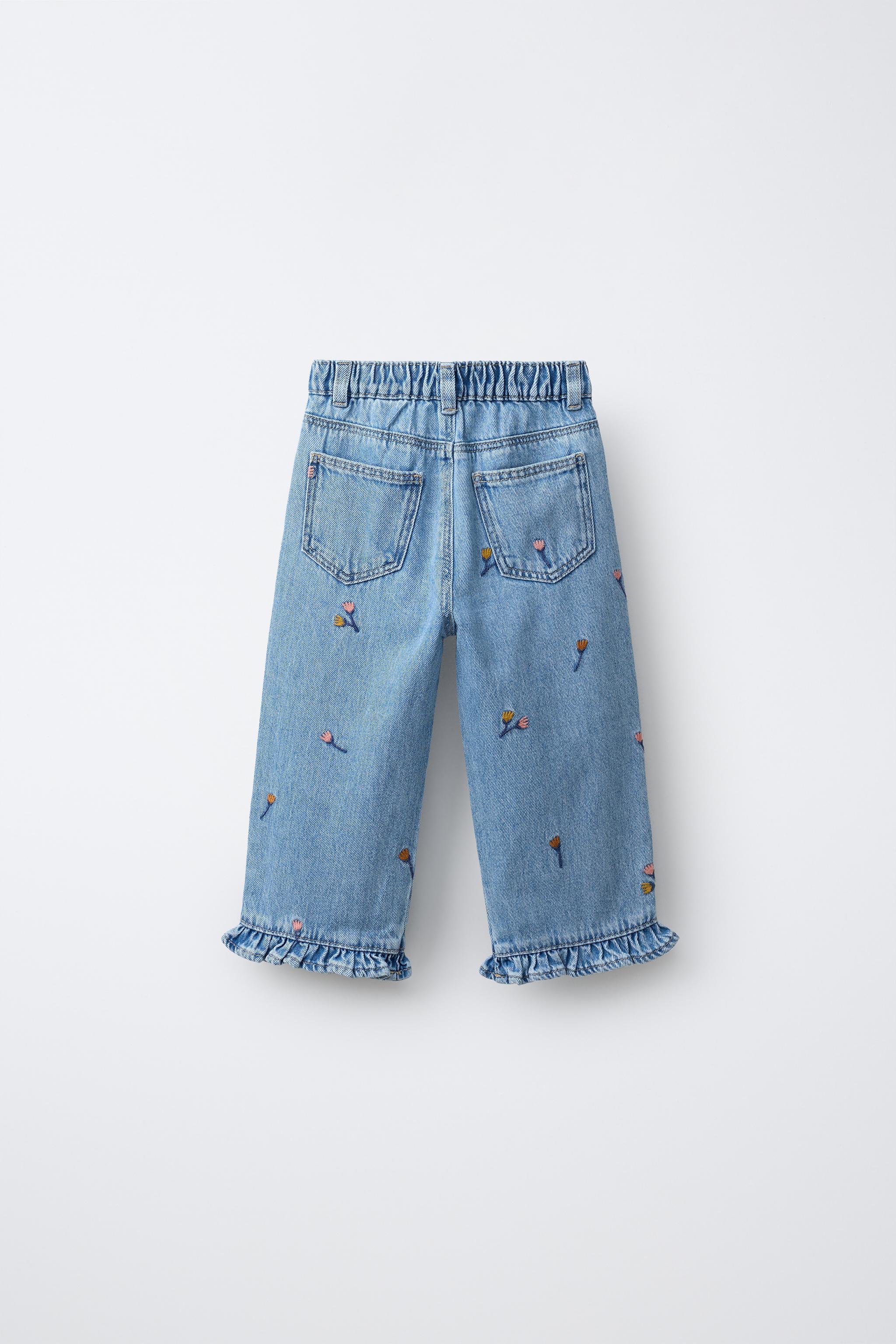 EMBROIDERED RUFFLED CULOTTE JEANS — Light blue