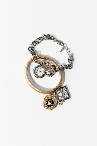 Zara PACK OF 2 COMBINATION BRACELETS WITH CLOCK AND BELL CHARMS - Gold / Silver