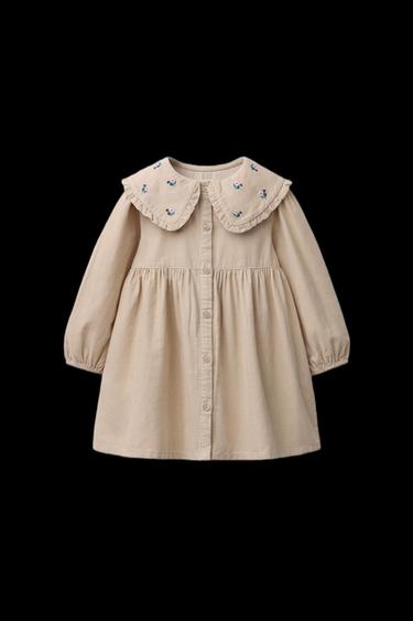Zara EMBROIDERED FLORAL CORDUROY DRESS - Beige