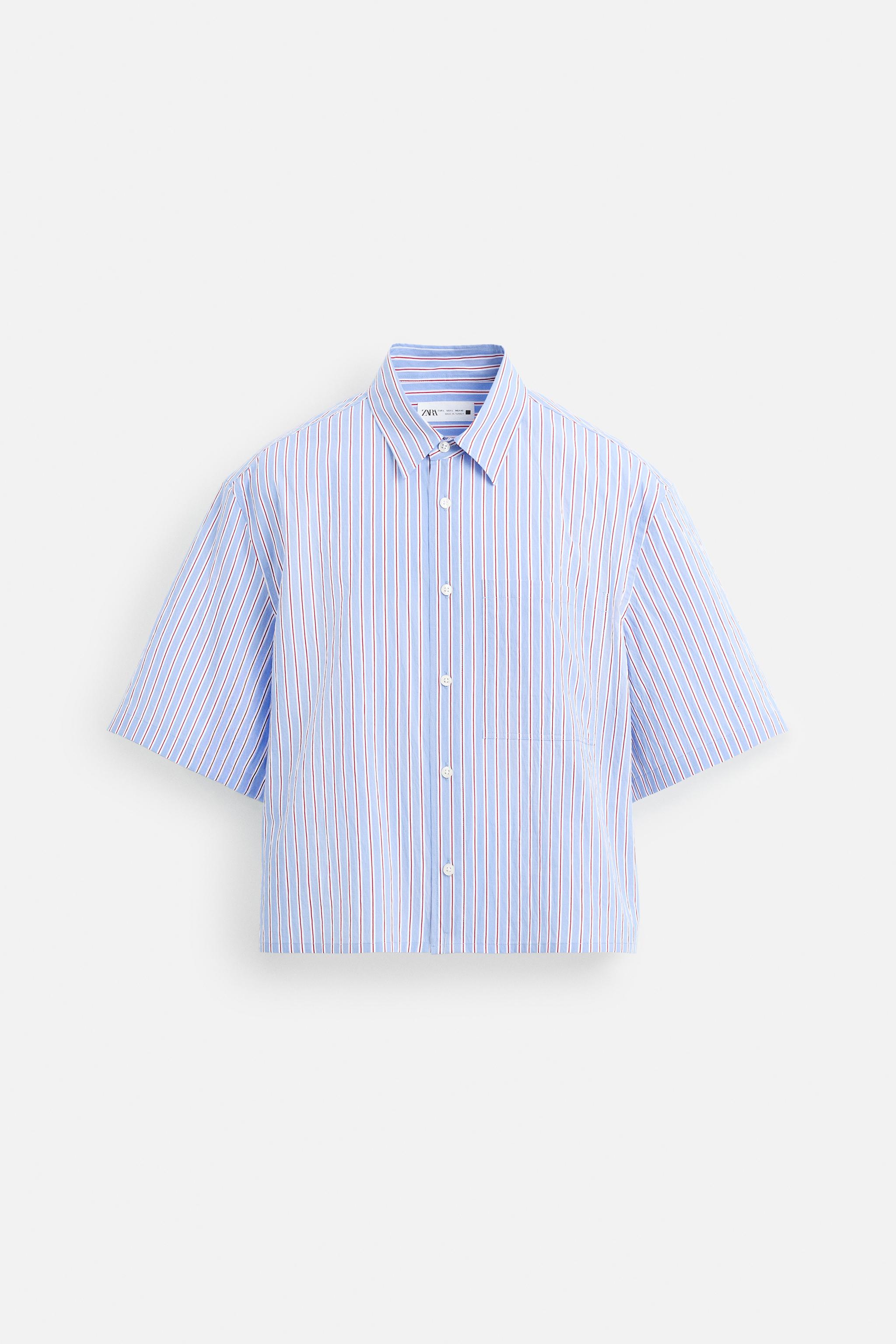 ストライプ柄クロップドフィットシャツ - ブルー | ZARA Japan
