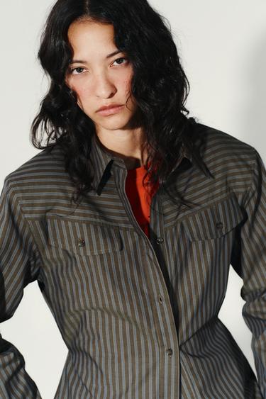 CHEMISE EN POPELINE RAYÉE - Marron-Bleu de Zara - Image 1