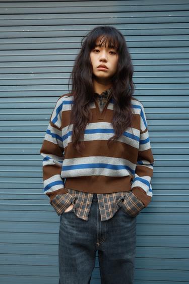 ストライプ柄ポロニットセーターマルチカラ―Zaraのストライプ柄ポロニットセーター - マルチカラ― 