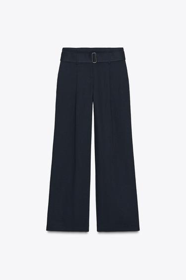 Zara BELTED WIDE LEG PANTS - Navy blue