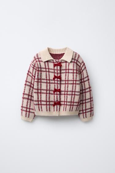CHECKED CARDIGAN WITH VELVET BOWS - Red by Zara